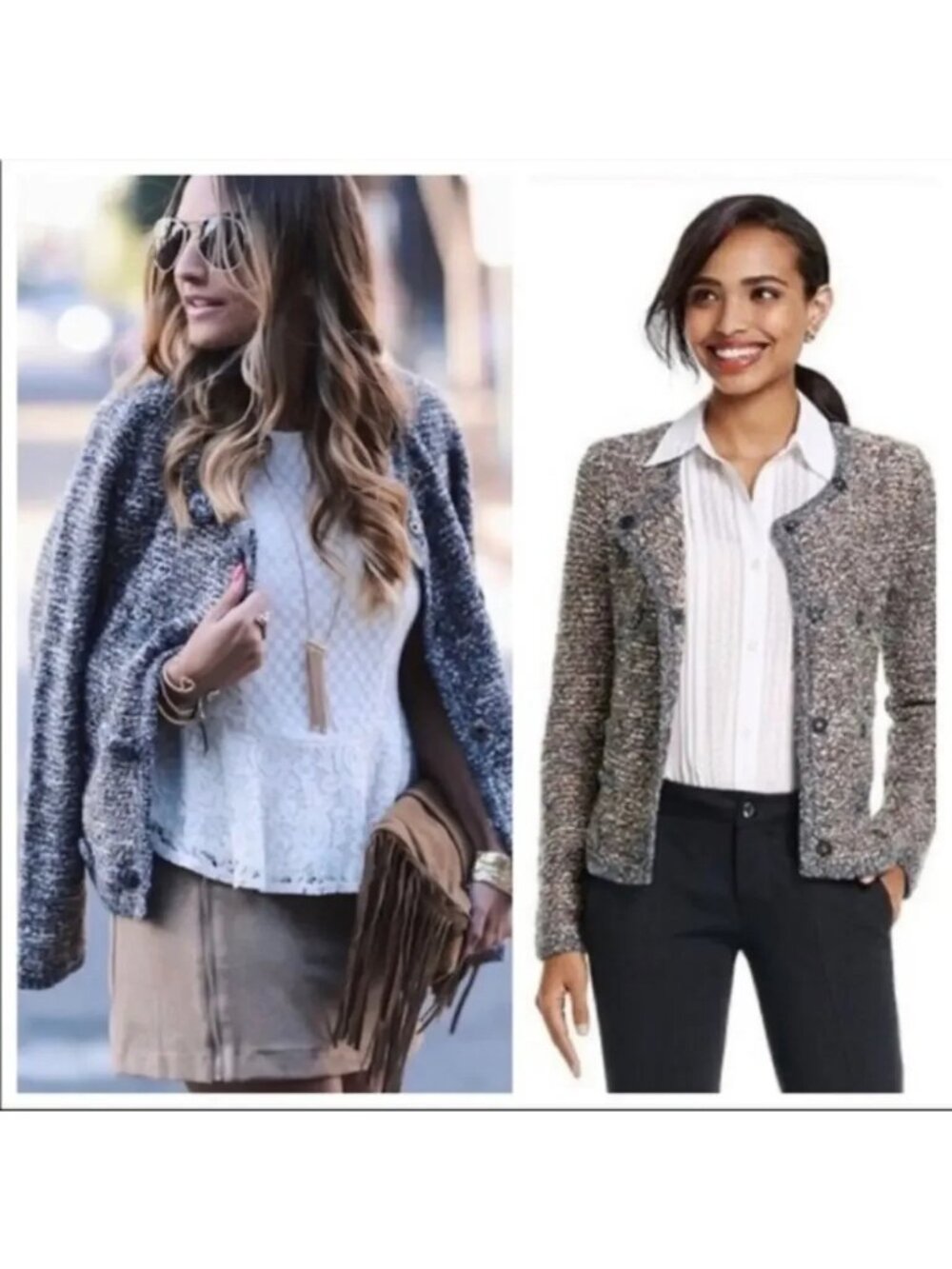 CAbi Style 3016 Ritz Double Breasted Tweed Sweater Marled Size M